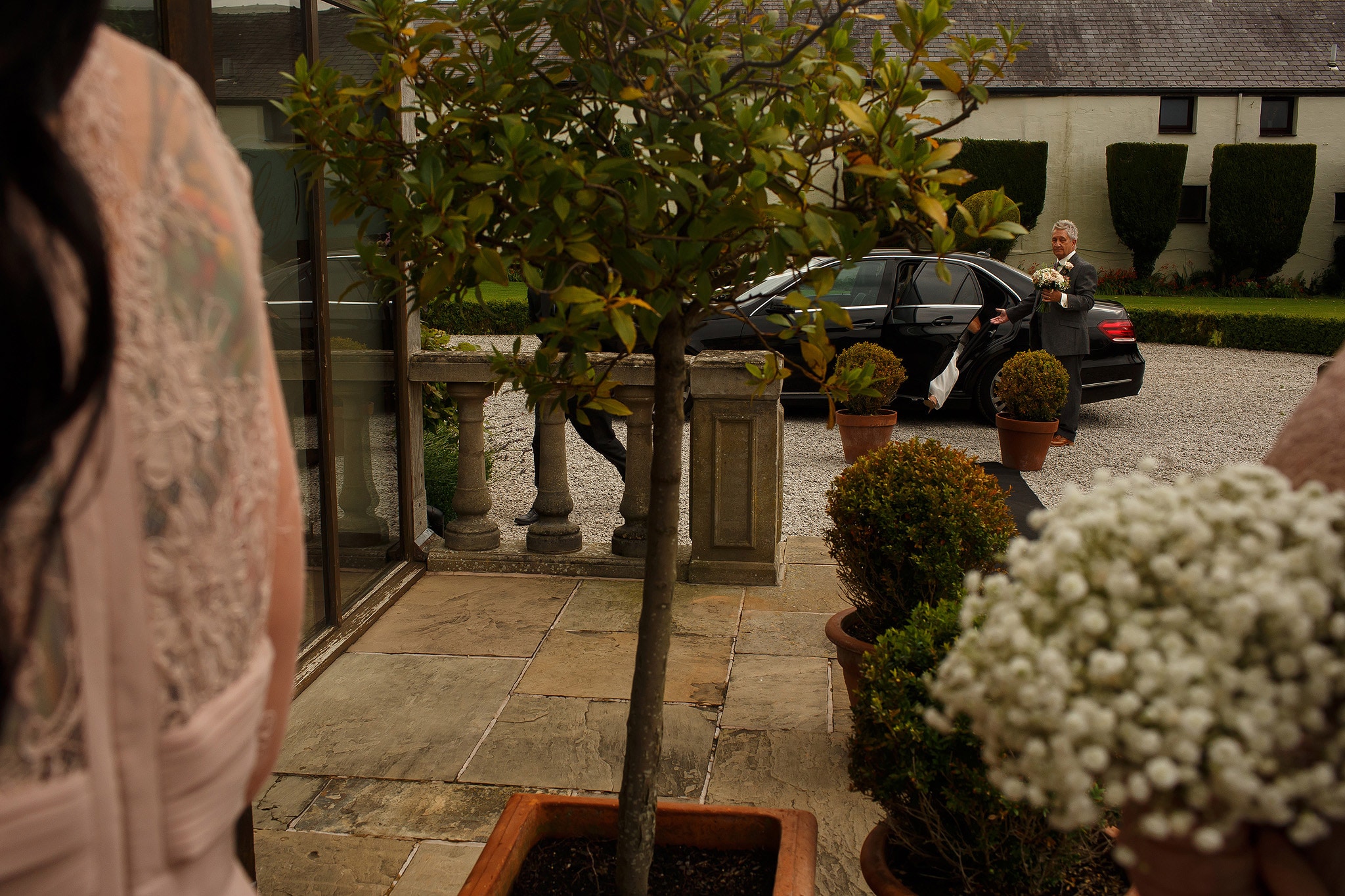 Wedding car outside the venue waiting for the bride - great hall at mains wedding photography