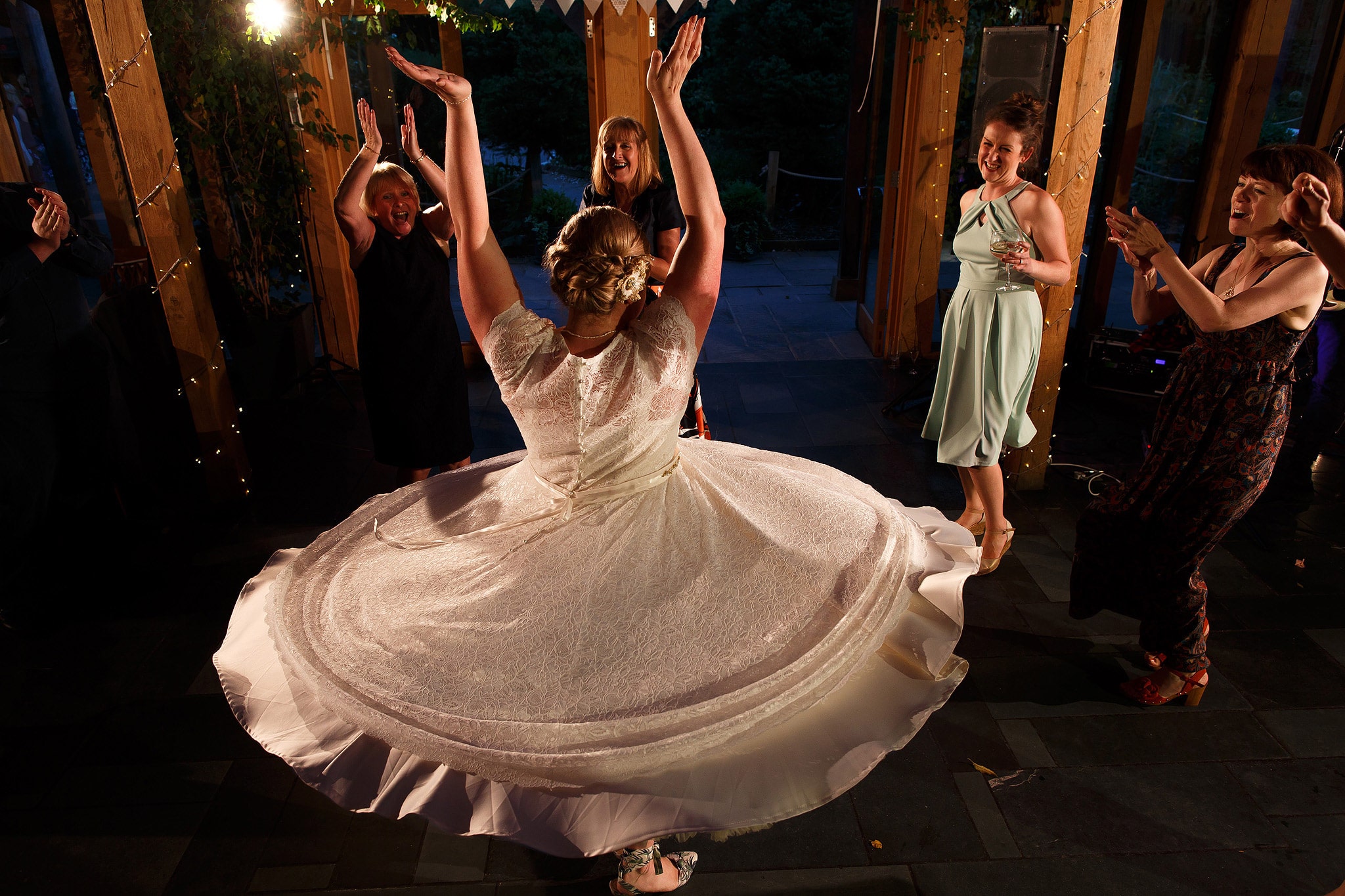 Wedding guests dancing during wedding reception at the Oak Tree at Peover