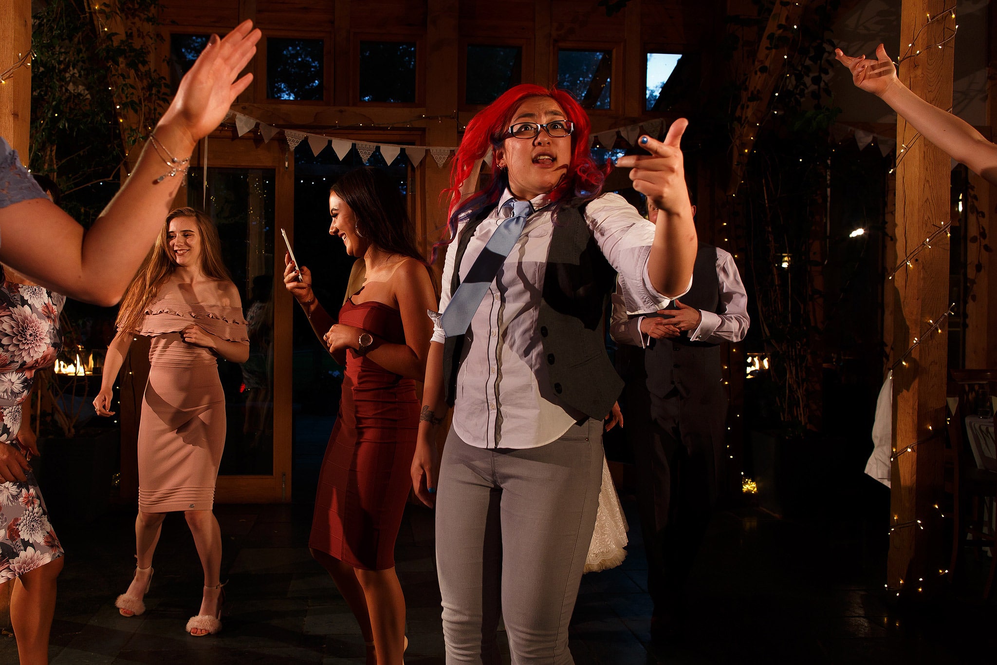 Wedding guests dancing during wedding reception at the Oak Tree at Peover