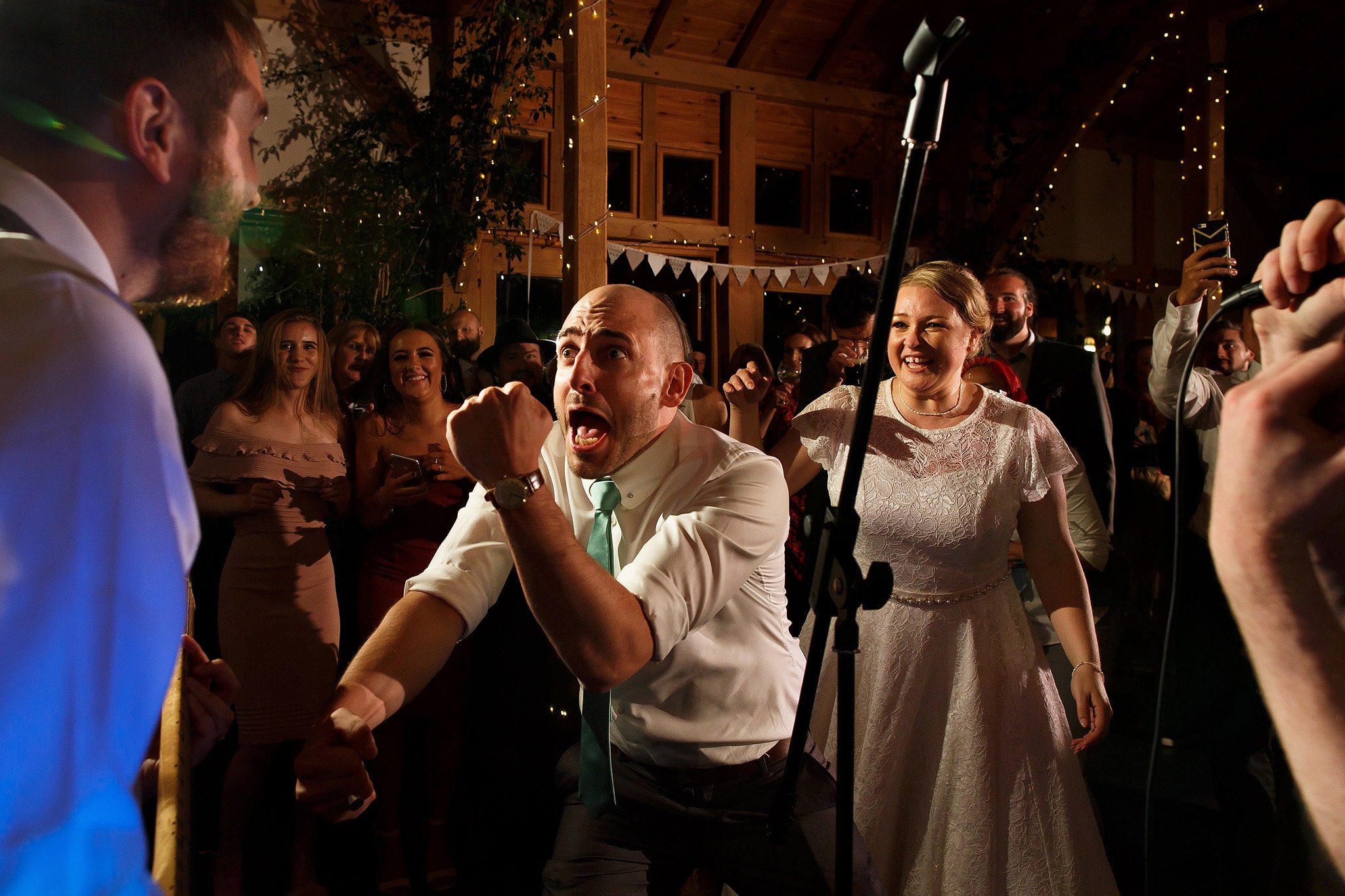 Wedding guests dancing during wedding reception at the Oak Tree at Peover
