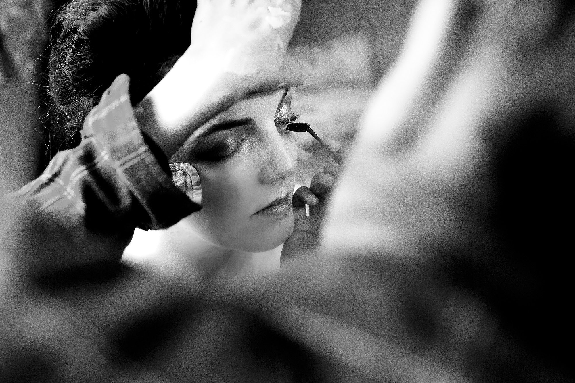 Black and white image of brides eye make up | Eaves Hall wedding photography by Toni Darcy